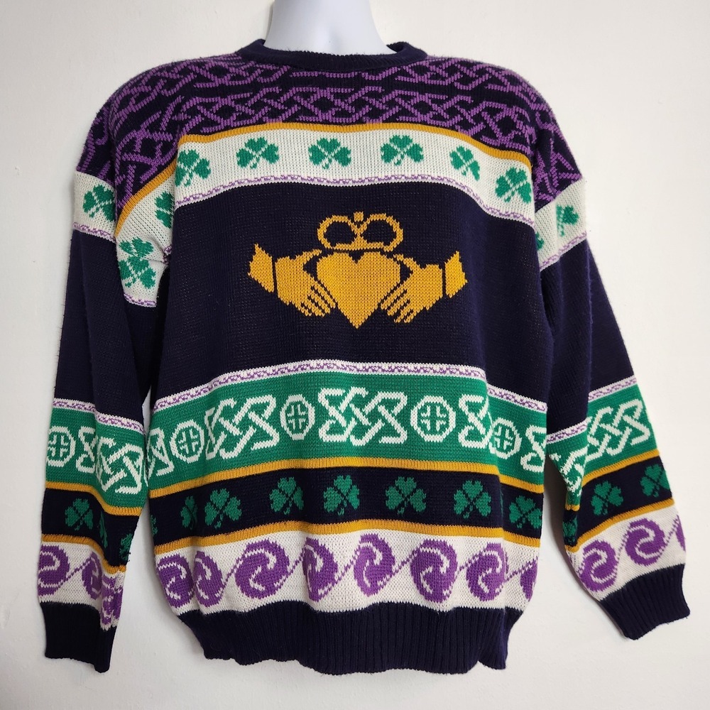 Emerald Isle Claddagh Sweater Mens M Made in Ireland Celtic Shamrock Knit Navy
